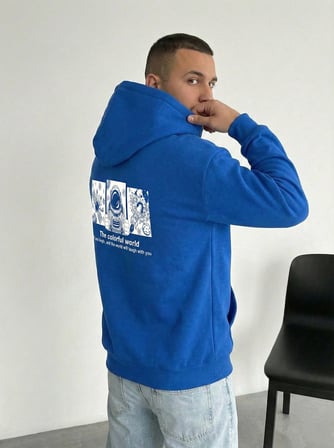 Kapüşonlu Oversize Hoodie – Üç İplik Pamuklu, Astronot Temalı Renkli Dünya Baskılı, Kanguru Cepli Premium Sweatshirt - Saks Mavi