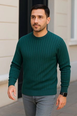 Bisiklet Yuvarlak Yaka Triko Kazak Pamuklu Kalın Fitilli Dokuma, Regular Fit Uzun Kollu Kışlık Model - Haki