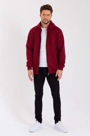 Marsilyan Erkek Sweatshirt Bordo Pamuklu Kapüşonlu Tam Fermuarlı Oversize