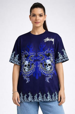 Kadın Oversize Tişört Dragon  Kuru Kafa Baskılı Bisiklet Yaka T-Shirt - Lacivert