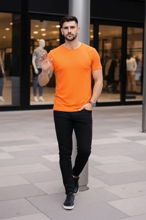 Erkek Body Tişört Bisiklet Yaka Slim Fit Likralı T-Shirt - Turuncu
