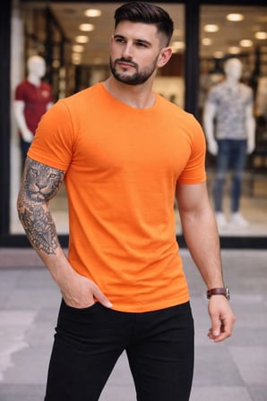 Erkek Body Tişört Bisiklet Yaka Slim Fit Likralı T-Shirt - Turuncu