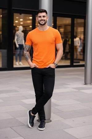 Erkek Body Tişört Bisiklet Yaka Slim Fit Likralı T-Shirt - Turuncu