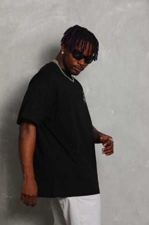 Oversize Baskılı Bisiklet Yaka T-Shirt - Siyah