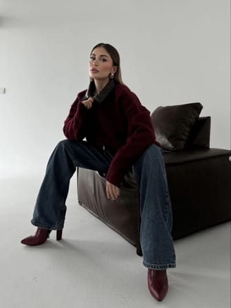 Marsilyan Kadın Ceket Bordo Suni Deri Yakalı Uzun Kollu Triko Pamuk Kumaş