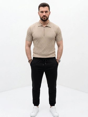 Erkek Yazlık Triko Saç Örgü Tişört Kısa Kol Polo Yaka Fermuarlı T-Shirt - Bej