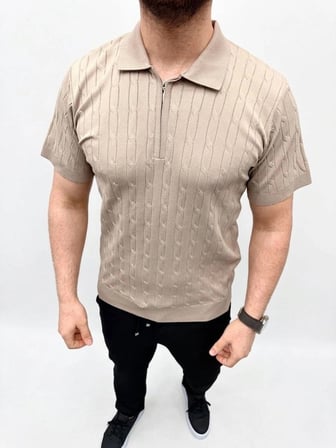 Erkek Yazlık Triko Saç Örgü Tişört Kısa Kol Polo Yaka Fermuarlı T-Shirt - Bej