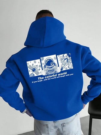 Kapüşonlu Oversize Hoodie – Üç İplik Pamuklu, Astronot Temalı Renkli Dünya Baskılı, Kanguru Cepli Premium Sweatshirt - Saks Mavi