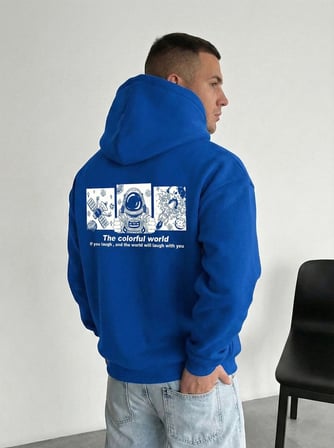 Kapüşonlu Oversize Hoodie – Üç İplik Pamuklu, Astronot Temalı Renkli Dünya Baskılı, Kanguru Cepli Premium Sweatshirt - Saks Mavi