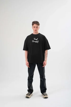 Bisiklet Yaka Baskılı Oversize T-Shirt - Siyah