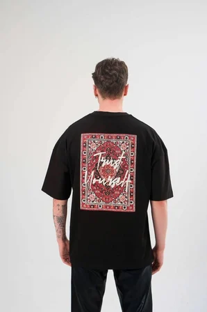 Bisiklet Yaka Baskılı Oversize T-Shirt - Siyah