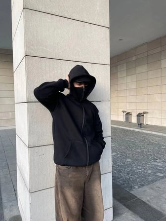 Samuray Ninja Çift Kapşonlu ZIP Fermuarlı Kanguru Çepli Tam Fermuarlı Hoodie  sweatshirt - Siyah