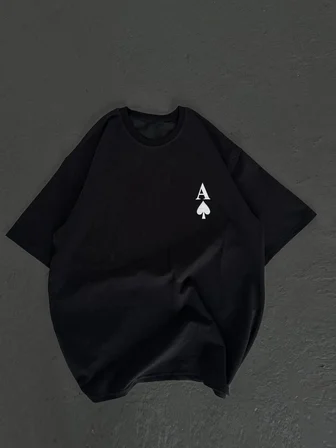 Bisiklet Yaka Baskılı Oversize T-Shirt - Siyah