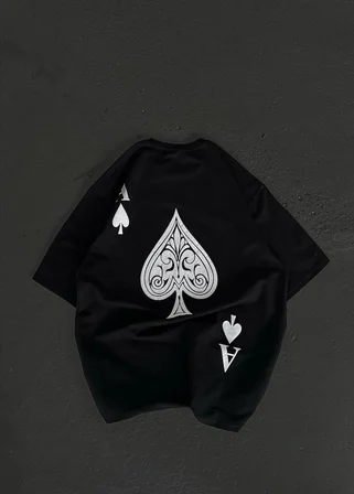 Bisiklet Yaka Baskılı Oversize T-Shirt - Siyah
