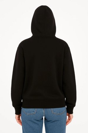 Oversize Kapüşonlu Sweatshirt  Hoodie 3 İplik Şardonlu Pamuklu Kumaş, Önü Baskılı, Fermuarlı Rahat Kalıp, Kışlık ve Sokak Stili Sweat - Siyah