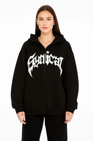Oversize Kapüşonlu Sweatshirt  Hoodie 3 İplik Şardonlu Pamuklu Kumaş, Önü Baskılı, Fermuarlı Rahat Kalıp, Kışlık ve Sokak Stili Sweat - Siyah