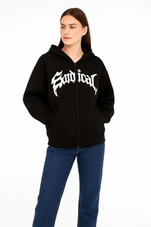 Oversize Kapüşonlu Sweatshirt  Hoodie 3 İplik Şardonlu Pamuklu Kumaş, Önü Baskılı, Fermuarlı Rahat Kalıp, Kışlık ve Sokak Stili Sweat - Siyah