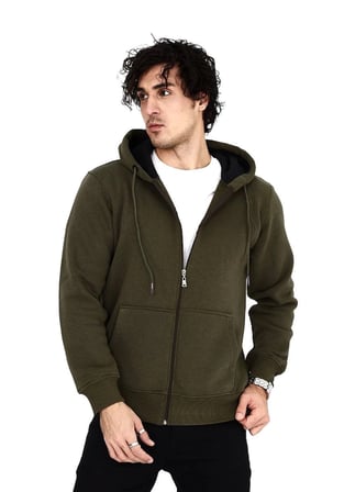 Tam Fermuarlı Kapşonlu  SweatShirt - Haki