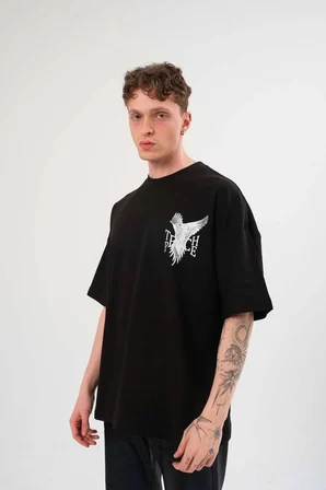 Bisiklet Yaka Baskılı Oversize T-Shirt - Siyah