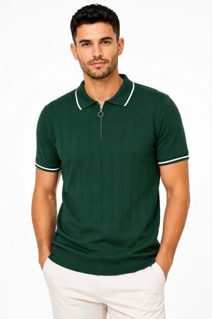 Erkek Fitilli Triko T-shirt Polo Yaka Yarım Fermuarlı Kısa Kollu Tişört - Yeşil