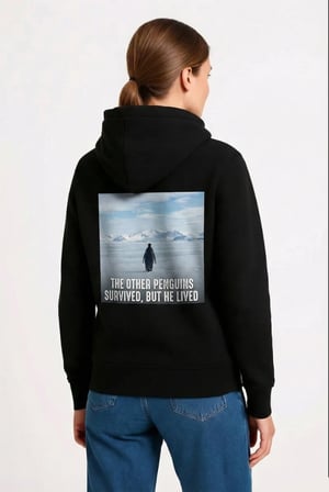 Kadın 3 İplik Pamuklu Kapüşonlu Hoodie Sweatshirt Survivor Penguen Baskılı - Siyah