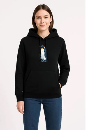 Kadın 3 İplik Pamuklu Kapüşonlu Hoodie Sweatshirt Survivor Penguen Baskılı - Siyah