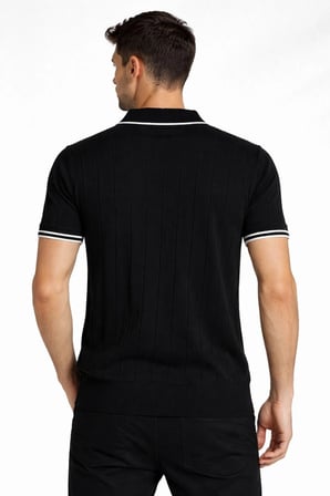 Erkek Yazlık Dokuma Triko Tişört Fermuarlı Polo Yaka Kısa Kol T-Shirt - Siyah