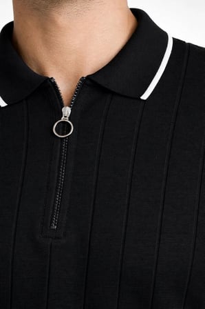 Erkek Yazlık Dokuma Triko Tişört Fermuarlı Polo Yaka Kısa Kol T-Shirt - Siyah