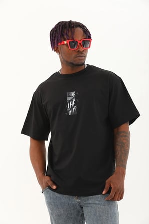 Oversize Baskılı Bisiklet Yaka T-Shirt - Siyah