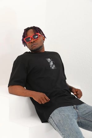 Oversize Baskılı Bisiklet Yaka T-Shirt - Siyah