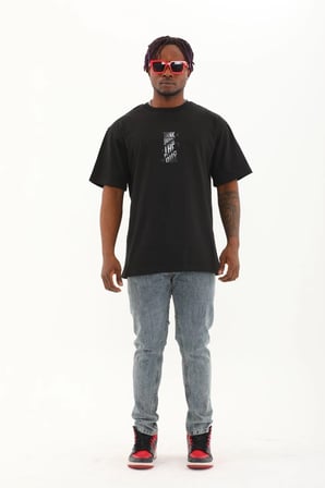 Oversize Baskılı Bisiklet Yaka T-Shirt - Siyah