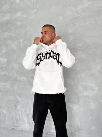 Üç İplik Kapüşonlu Baskılı SweatShirt - Beyaz