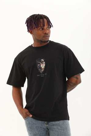 Oversize Baskılı Bisiklet Yaka T-Shirt - Siyah