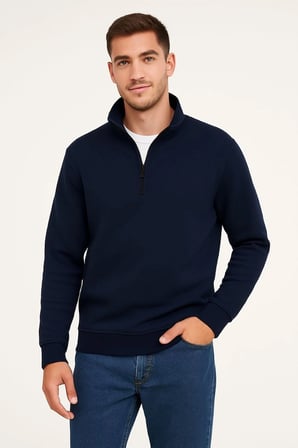 Dik Yaka Sweatshirt Dik Yaka Yarım Fermuarlı 3 İplik Şardonlu Pamuk Kumaş - Lacivert