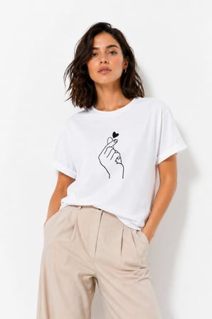 Kadın Kore Parmak Kalp Aşk Temalı Minimal Baskılı Tişört Yazlık Kısa Kol T-Shirt  - Beyaz