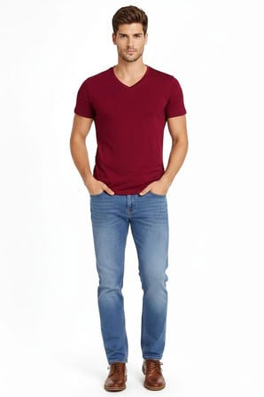 Erkek Body T-shirt V Yaka Slim Fit Likralı Kısa kol Tişört - Bordo