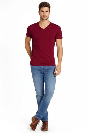 Erkek Body T-shirt V Yaka Slim Fit Likralı Kısa kol Tişört - Bordo