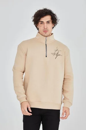 Yarım Fermuarlı Baskılı Sweat - Bej