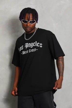 Oversize Baskılı Bisiklet Yaka T-Shirt - Siyah
