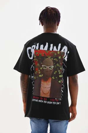 Baskılı Oversize T-Shirt - Siyah