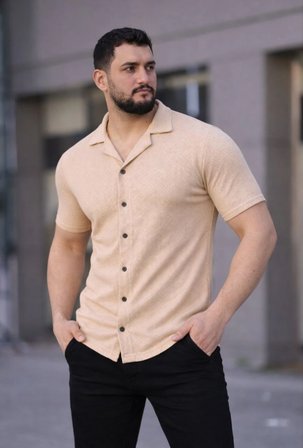 Erkek Waffle Kumaş Kısa Kollu Düğmeli Açık Yaka Regular Fit Gömlek - Bej