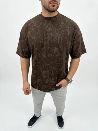 Erkek Premium Tişört OSY Yumuşak Dokulu Yıkamalı Oversize T-Shirt - Kahverengi