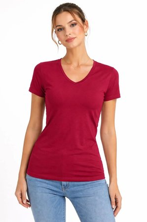 Marsilyan Kadın Tişört V Yaka Kırmızı Likralı Pamuk-Elastan Slim Fit
