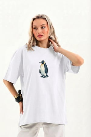 Kadın T-Shirt Penguen Baskılı Bisiklet Yaka Kısa kol yazlık Tişört - Beyaz