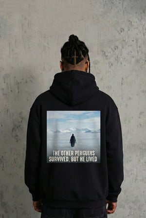 Erkek Survivor Penguin Baskılı 3 İplik Pamuklu Kapüşonlu Sweatshirt Hoodie Siyah
