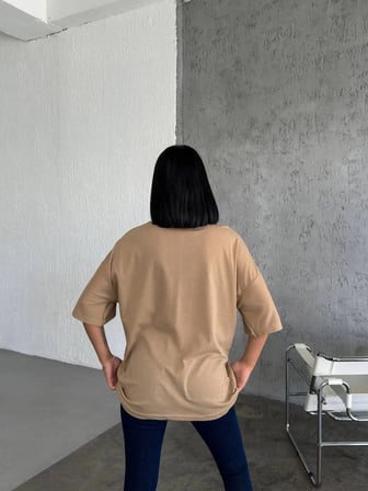 Kadın Düz T-Shirt Kısa Kol Bisiklet Yaka Oversize Rahat Kalıp Günlük Tişört - Bej