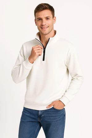 Dik Yaka Sweatshirt Dik Yaka Yarım Fermuarlı 3 İplik Şardonlu Pamuk Kumaş - Beyaz