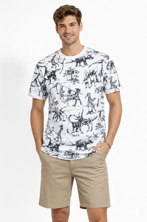 Erkek Dinozor Dijıtal ön ve arka Baskılı Tişört Bisiklet Yaka T-Shirt - Beyaz