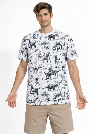 Erkek Dinozor Dijıtal ön ve arka Baskılı Tişört Bisiklet Yaka T-Shirt - Beyaz