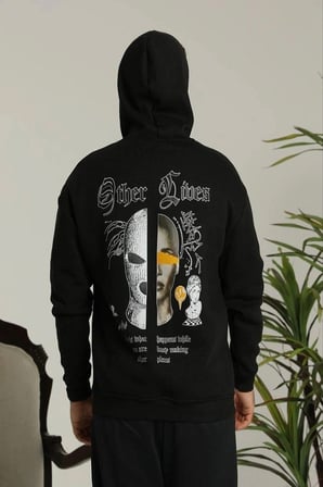 Kapşonlu Sweatshirt“Other Lives” Ön  Arka Baskılı Siyah